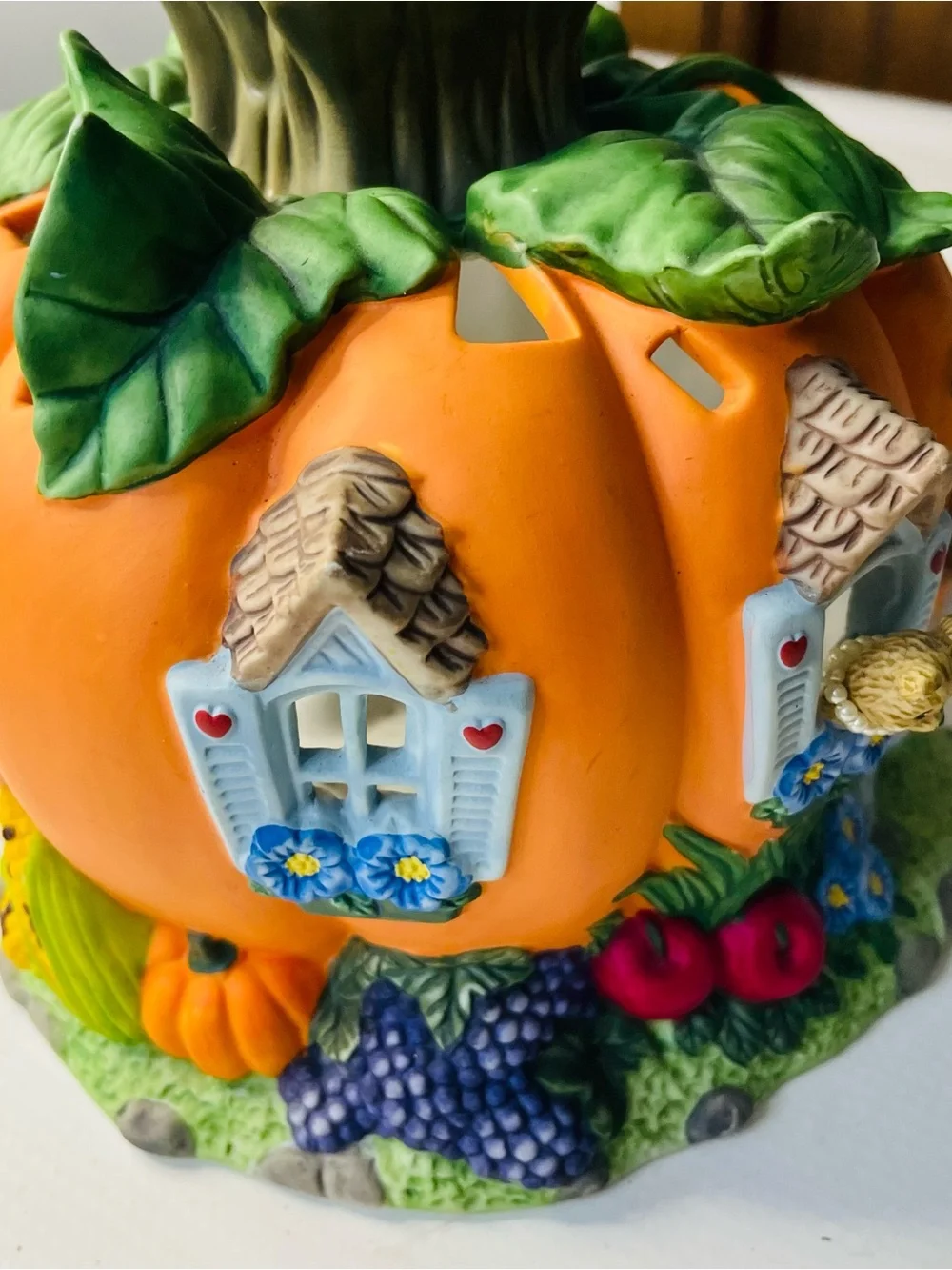 Ceramic Party Lite Orange Pumpkin Fairy House For Tea Lights - Decorative